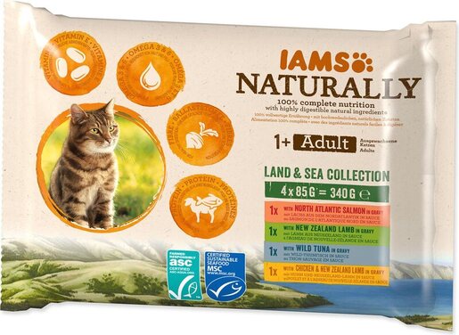 IAMS Naturally Cat Adult Land & Sea Collection 4x85G, četiri okusa