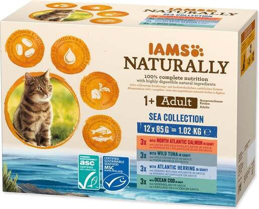 IAMS Naturally Adult Cat Sea Collection 12x85g, četiri okusa