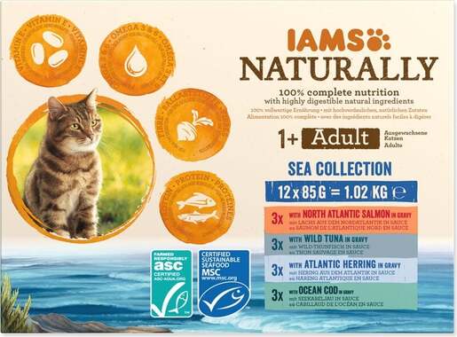 IAMS Naturally Adult Cat Sea Collection 12x85g, četiri okusa