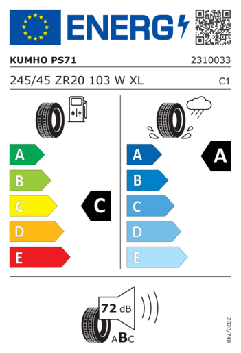 Kumho 245/45R20 ECSTA PS71 XL 103W,Pot: C,Pri: A,Buka: 72dB