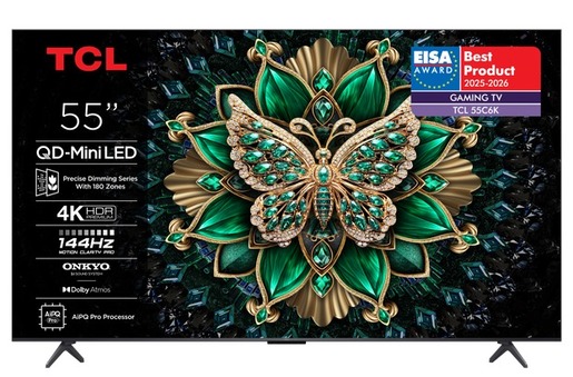 TCL 55" QD-Mini LED TV 55C6K, 4K UHD, Google Smart TV, 144Hz Motion Clarity Pro, ONKYO 2.1