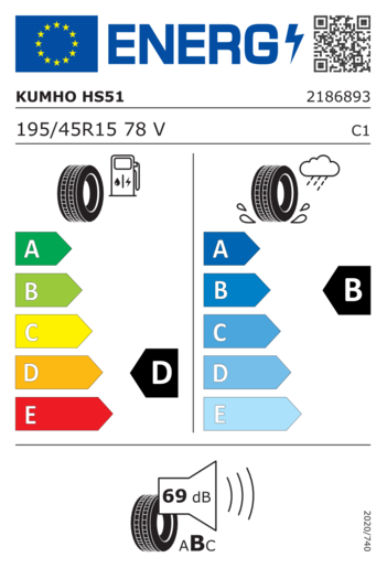 Kumho 195/45R15 ECSTA HS51 78V,Pot: D,Pri: B,Buka: 69dB