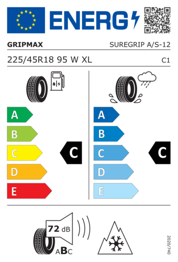 Gripmax 225/45R18 Suregrip A/S XL 95W,Pot: C,Pri: C,Buka: 72dB