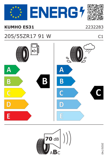 Kumho 205/55R17 Ecowing ES31 91W,Pot: B,Pri: C,Buka: 70dB