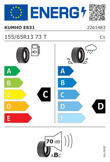 Kumho 155/65R13 Ecowing ES31 73T,Pot: C,Pri: D,Buka: 70dB