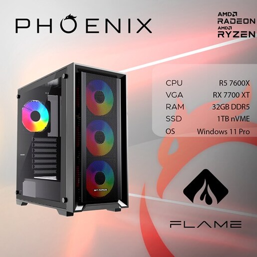Phoenix FLAME Y-617, AMD Ryzen 5 7600X, 32GB DDR5, NVME SSD 1TB, AMD Radeon RX 7700 XT 12GB, Windows 11 PRO, stolno računalo