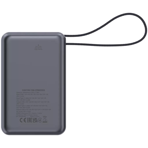 CANYON power bank OnPower 600, ugrađeni kabel, 20000 mAh, sivi