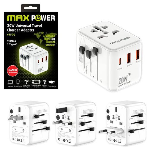 MaxPower putni adapter 635DQ,GaN 1, type C+2x usb A, 20 W, bijeli
