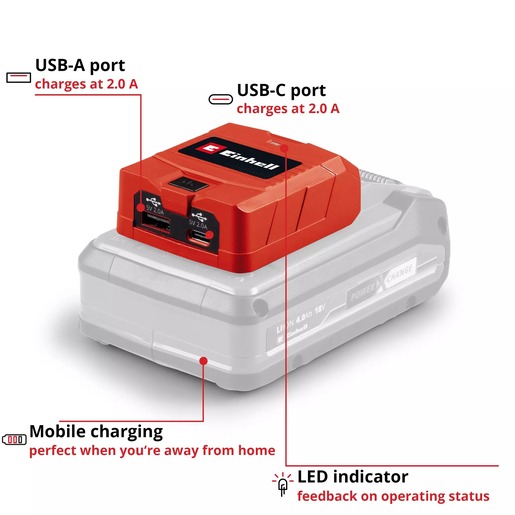 EINHELL USB prijenosni adapter za PXC bateriju TE-CP 18 Li USB A/C-Solo