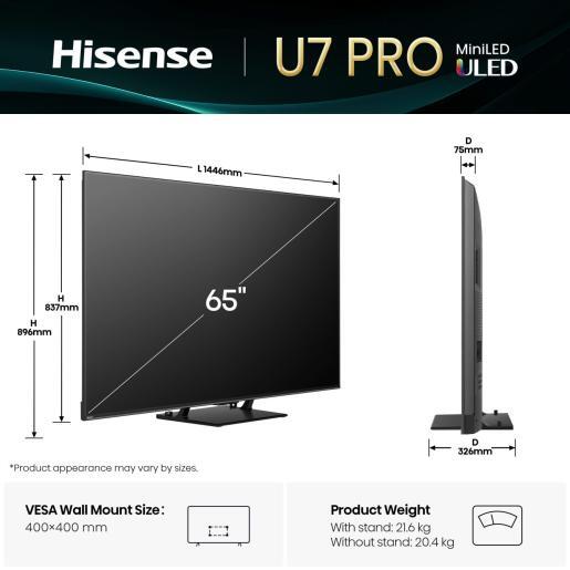 Hisense 65" ULED Mini-LED TV 65U7Q PRO, 4K UHD, VIDAA Smart TV, Hi-View AI Engine PRO, 165Hz Game Mode Ultra