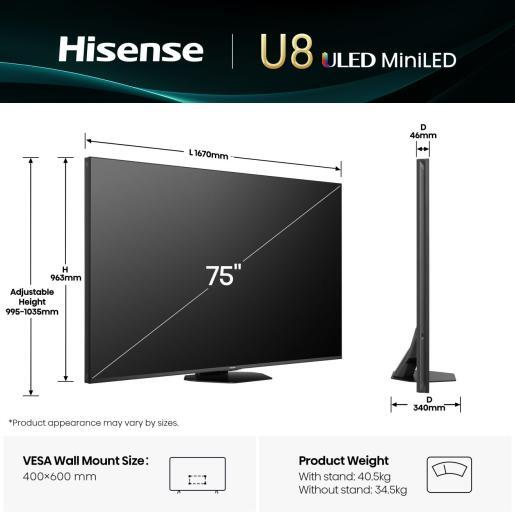 Hisense 75" ULED Mini-LED TV 75U8Q, 4K UHD, VIDAA Smart TV, Hi-View AI Engine PRO, 165Hz Game Mode Ultra