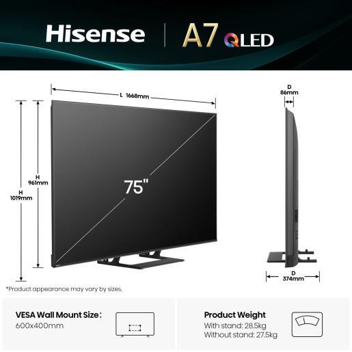 Hisense 75" QLED TV 75A7Q, 4K UHD, VIDAA Smart TV, Dolby Vision-Atmos, AI Smooth Motion