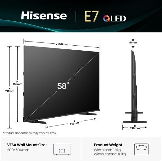 Hisense 58" QLED TV 58E7Q, 4K UHD, VIDAA Smart TV, Dolby Vision-Atmos, AI 4K Upscaler