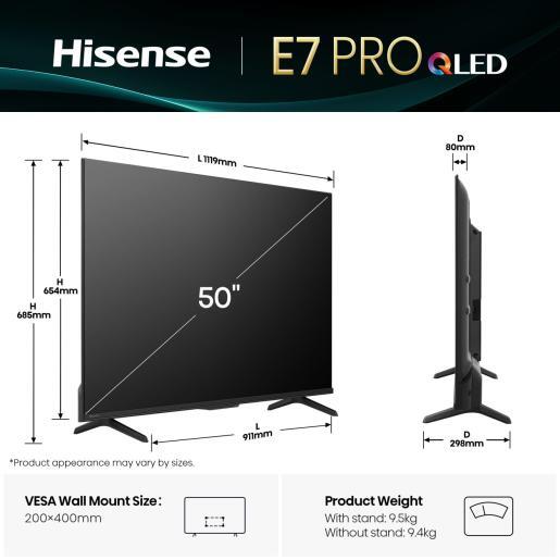 Hisense 50" QLED TV 50E7Q PRO, 4K UHD, VIDAA Smart TV, 144Hz Game Mode PRO, Hi-Concerto