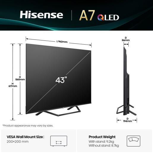 Hisense 43" QLED TV 43A7Q, 4K UHD, VIDAA Smart TV, Dolby Vision-Atmos, AI Smooth Motion