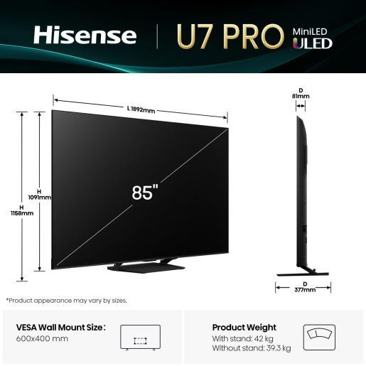 Hisense 85" ULED Mini-LED TV 85U7Q PRO, 4K UHD, VIDAA Smart TV, Hi-View AI Engine PRO, 165Hz Game Mode Ultra