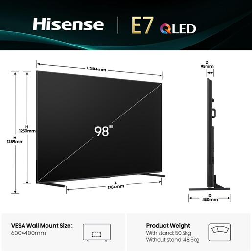 Hisense 98" QLED TV 98E7Q, 4K UHD, VIDAA Smart TV, 144Hz Game Mode PRO, Dolby Vision-Atmos, AI 4K Upscaler
