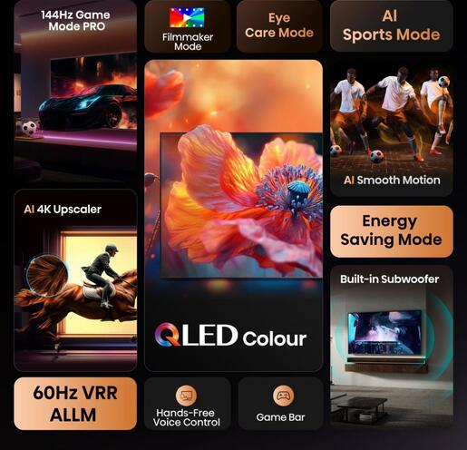 Hisense 98" QLED TV 98E7Q, 4K UHD, VIDAA Smart TV, 144Hz Game Mode PRO, Dolby Vision-Atmos, AI 4K Upscaler
