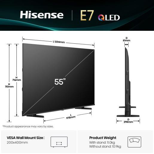 Hisense 55" QLED TV 55E7Q, 4K UHD, VIDAA Smart TV, Dolby Vision-Atmos, AI 4K Upscaler