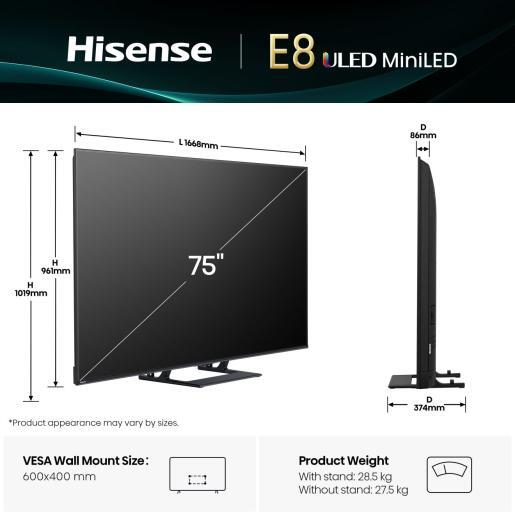Hisense 75" ULED Mini-LED TV 75E8Q, 4K UHD, VIDAA Smart TV, Hi-View AI Engine, 144Hz Game Mode PRO