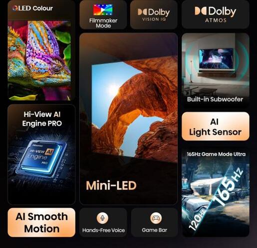 Hisense 100" ULED Mini-LED TV 100U7Q, 4K UHD, VIDAA Smart TV, Hi-View AI Engine, 165Hz Game Mode Ultra