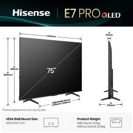Hisense 75" QLED TV 75E7Q PRO, 4K UHD, VIDAA Smart TV, 144Hz Game Mode PRO, Hi-Concerto