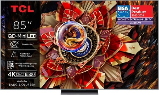 TCL 85" QD-Mini LED TV 85C9K, 4K HDR Premium 6500, Google TV, 144Hz Motion Clarity Pro, Audio by BANG & OLUFSEN