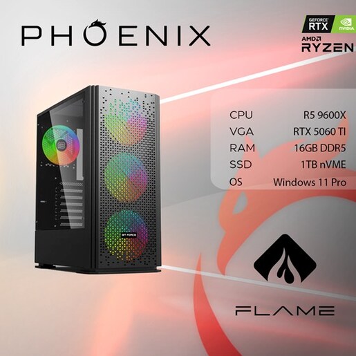 Phoenix FLAME X-518 AMD Ryzen 5 9600X, 16GB DDR5, NVME SSD 1TB, RTX 5060 TI 8GB, 600W 80+, Windows 11 PRO, stolno računalo