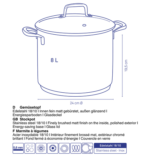 Kela lonac s poklocem FLAVORIA, 8l nehrđajući čelik 18/10 srebrna