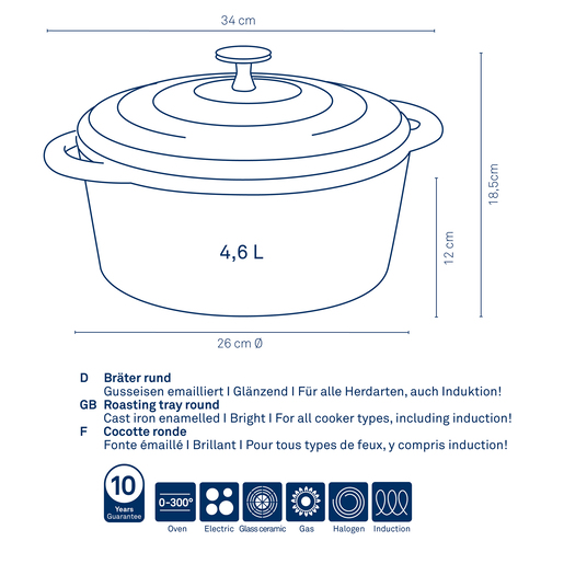 Kela okrugli pekač Calido, 4,6l lijevano željezo svjetlosiva