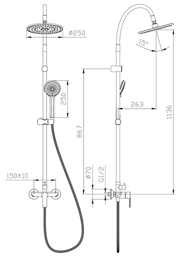 Inter Ceramic tuš sustav s tuš ružom s 1 funckijom i tuš palicom s 5 funkcija silikon/mjed/SS201 krom/siva
