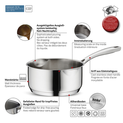 Kela lonac s drškom FLAVORIA, 1,3l nehrđajući čelik 18/10 srebrna