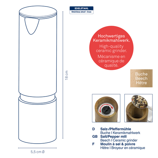 Kela mlinac za sol i papar KAURI, 18x5,5cm bukva svjetlosmeđa