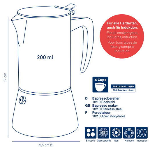 Kela kafetijera LATINA, 200ml nehrđajući čelik 18/10 srebrna