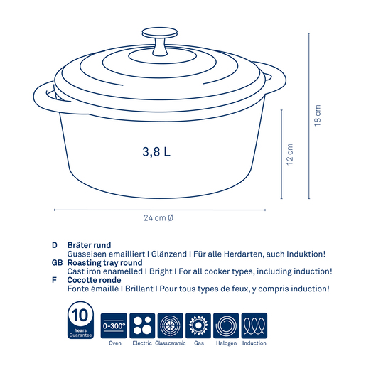 Kela okrugli pekač Calido, 3,8l lijevano željezo svjetlosiva