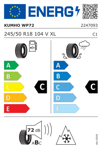 Kumho 245/50R18 Wp72 XL 104V,Pot: C,Pri: C,Buka: 72dB