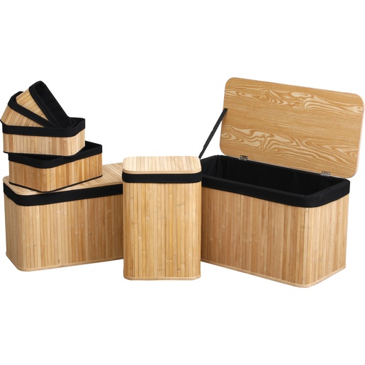 TENDANCE košara za rublje set 7/1, bambus sa tekstilnim umetkom, crni