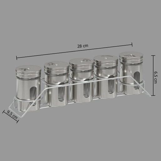 Five držač začina, 5 posuda, 28.5x6.3x9 cm, inox/staklo
