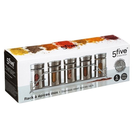 Five držač začina, 5 posuda, 28.5x6.3x9 cm, inox/staklo