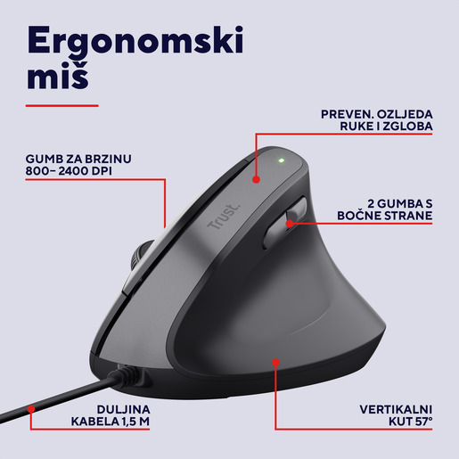 Trust Bayo II, žični miš, ergonomski, crni