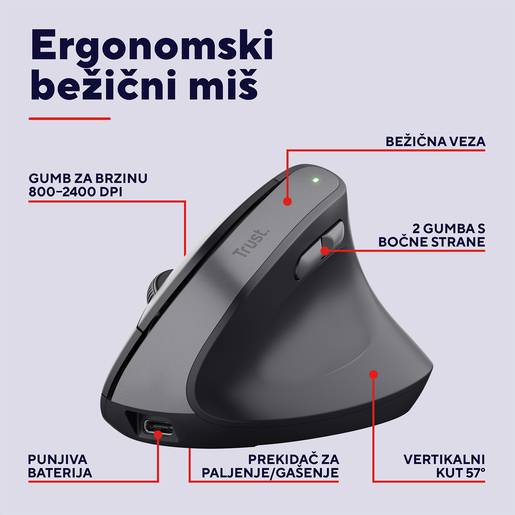 Trust Bayo II, ergonomski, bežični miš, crni