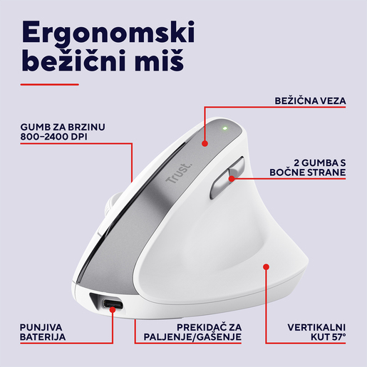 Trust Bayo II, ergonomski, bežični miš, bijeli