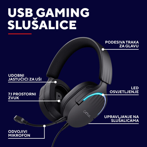 Trust Fayzo 7.1 GXT490, žične slušalice, gaming, crne