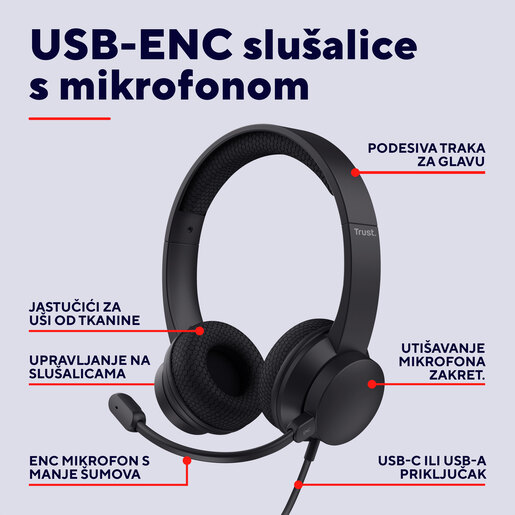 Trust Ayda, slušalice sa mikrofonom, USB, ENC, crne