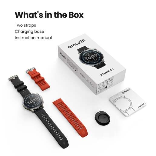 Amazfit BALANCE 2 NFC, crni kožni remen + crveni silikonski remen, pametni sat