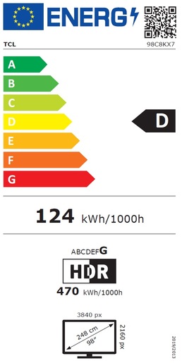TCL 98" QD-Mini LED TV 98C8K, 4K HDR Premium 5000, Google TV, 144Hz, Audio by BANG & OLUFSEN