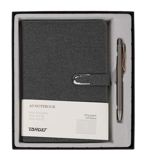 Poklon set, bilježnica A5 s kopčom i olovkom, siva