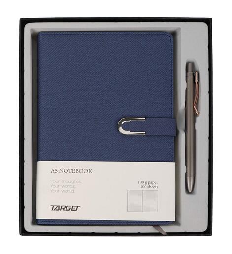 Poklon set, bilježnica A5 s kopčom i olovkom, plava