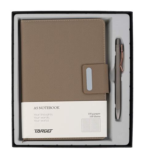 Poklon set, bilježnica A5 s kopčom i olovkom, bež