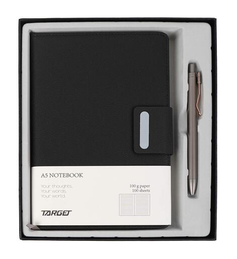 Poklon set, bilježnica A5 s kopčom i olovkom, crna